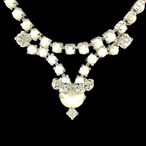 Vintage Rhinestone‎ & Milk Glass Formal Statement Necklace Clear White Sparkle